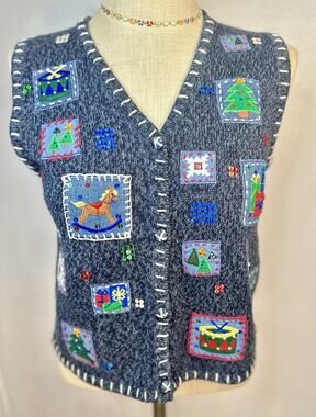 Vintage Knit Christmas Petite Medium Vest Sequin Patch Holiday